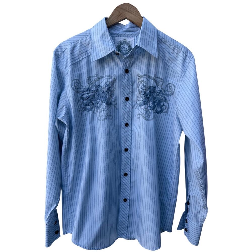 Cultura International Button Up Shirt Mens Large White Striped Graphic Shirt